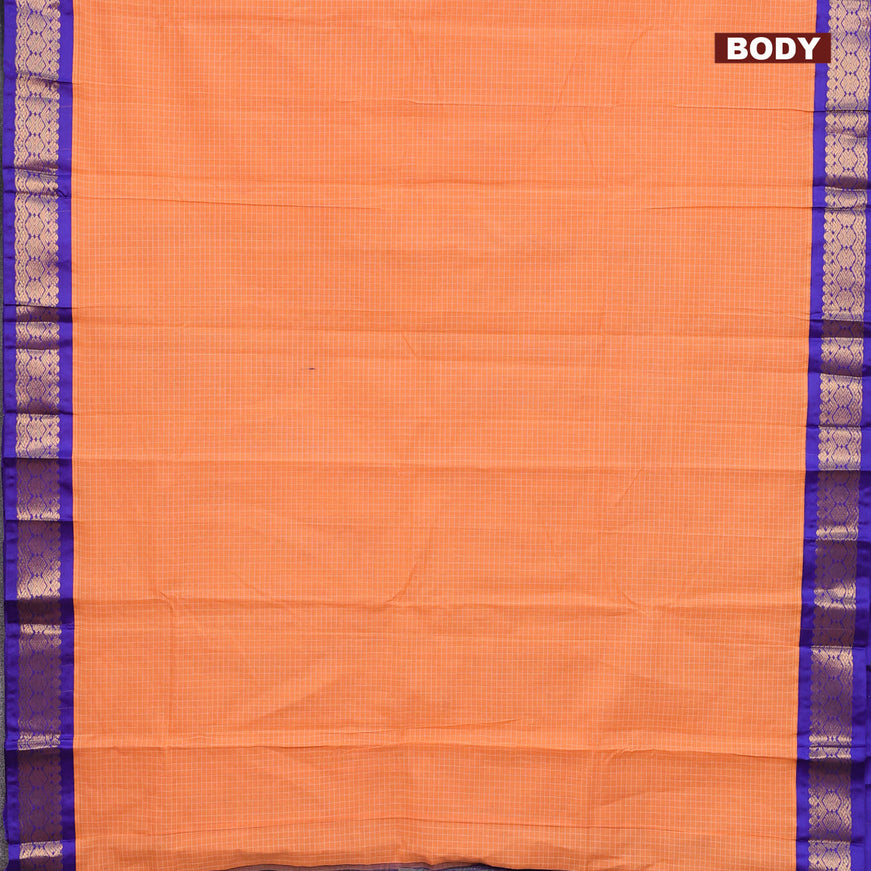 Gadwal cotton saree pale orange and blue with allover checked pattern and zari woven border