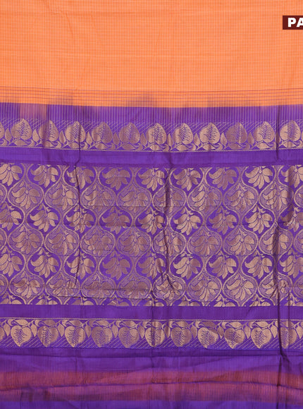 Gadwal cotton saree pale orange and blue with allover checked pattern and zari woven border