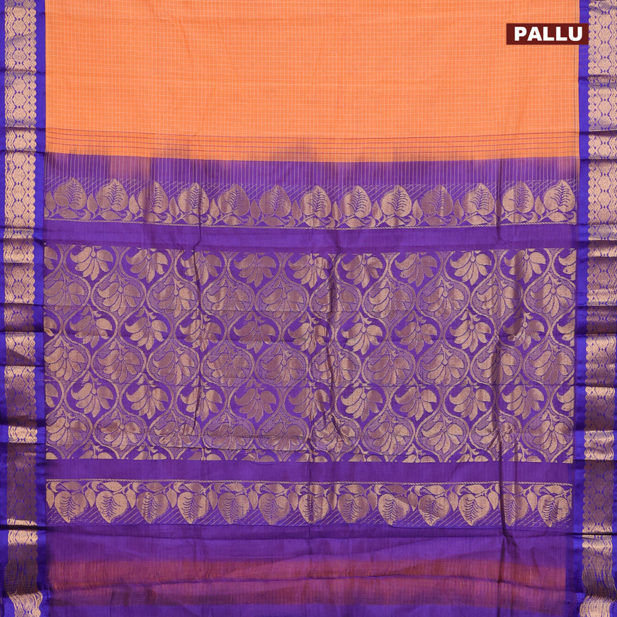 Gadwal cotton saree pale orange and blue with allover checked pattern and zari woven border