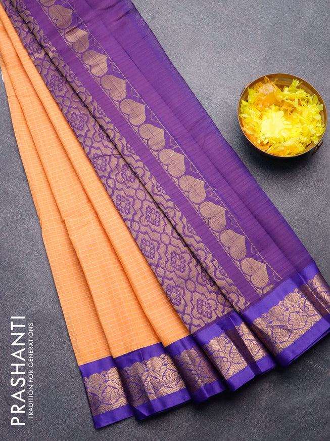 Gadwal cotton saree orange and blue with allover checked pattern and zari woven border