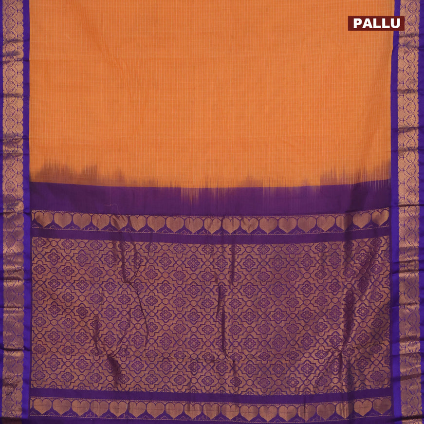 Gadwal cotton saree orange and blue with allover checked pattern and zari woven border