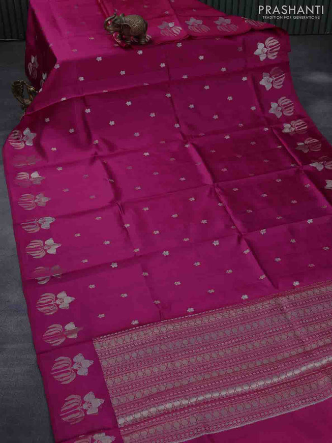 Chiniya silk saree pink with silver zari woven buttas and zari woven butta border