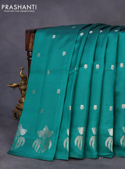 Chiniya silk saree green with silver zari woven buttas and zari woven butta border