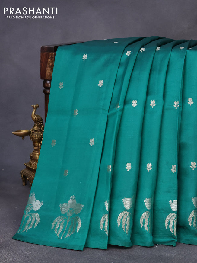 Chiniya silk saree green with silver zari woven buttas and zari woven butta border