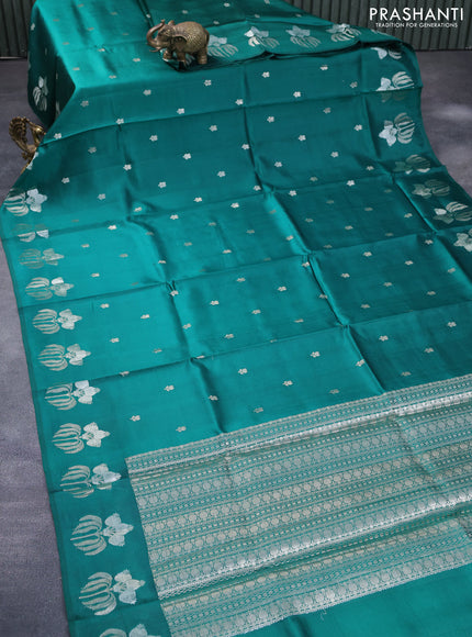 Chiniya silk saree green with silver zari woven buttas and zari woven butta border