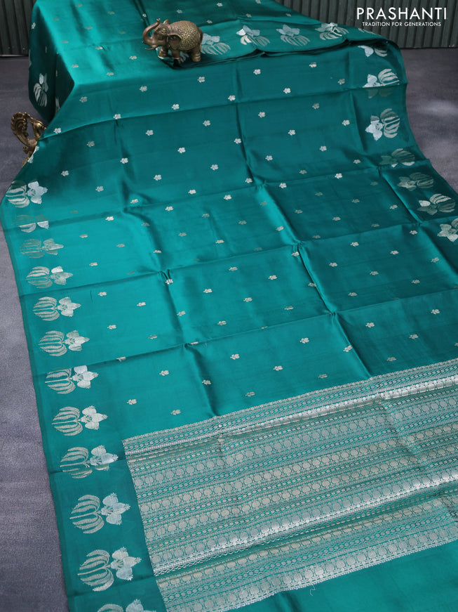 Chiniya silk saree green with silver zari woven buttas and zari woven butta border