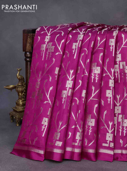 Chiniya silk saree pink with allover silver zari weaves and zari woven simple border