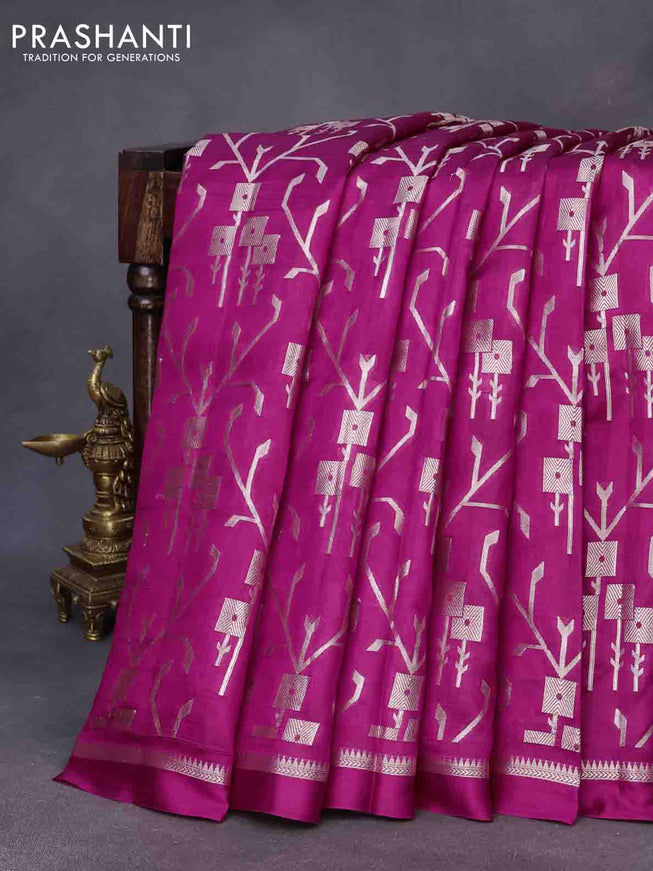 Chiniya silk saree pink with allover silver zari weaves and zari woven simple border