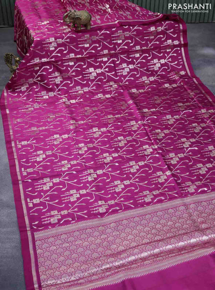 Chiniya silk saree pink with allover silver zari weaves and zari woven simple border