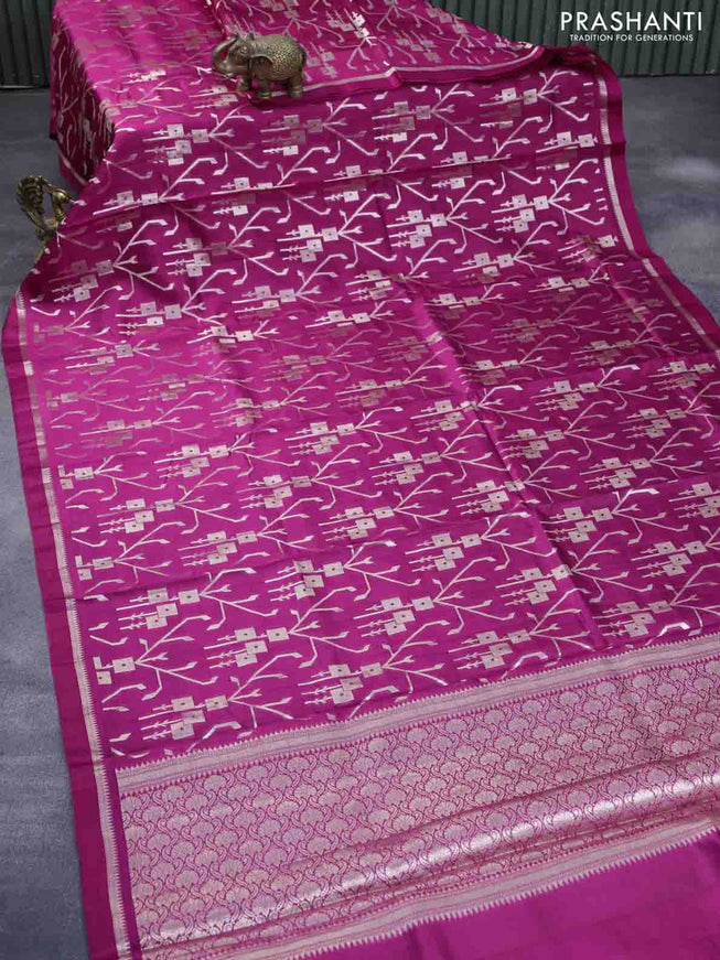 Chiniya silk saree pink with allover silver zari weaves and zari woven simple border