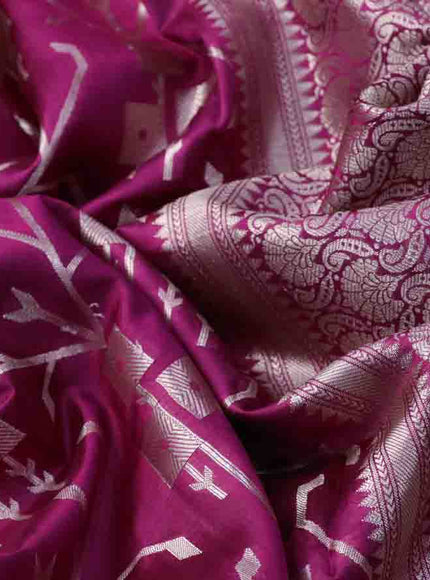 Chiniya silk saree pink with allover silver zari weaves and zari woven simple border