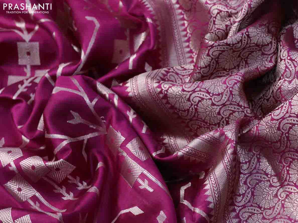 Chiniya silk saree pink with allover silver zari weaves and zari woven simple border