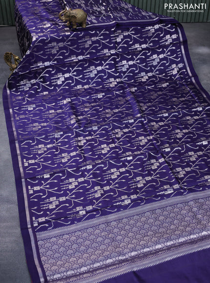 Chiniya silk saree blue with allover silver zari weaves and zari woven simple border