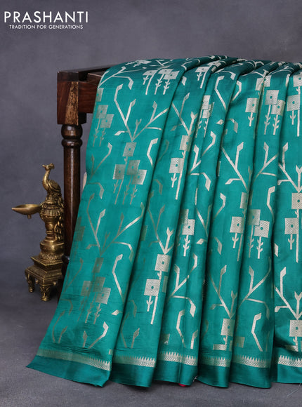 Chiniya silk saree green with allover silver zari weaves and zari woven simple border