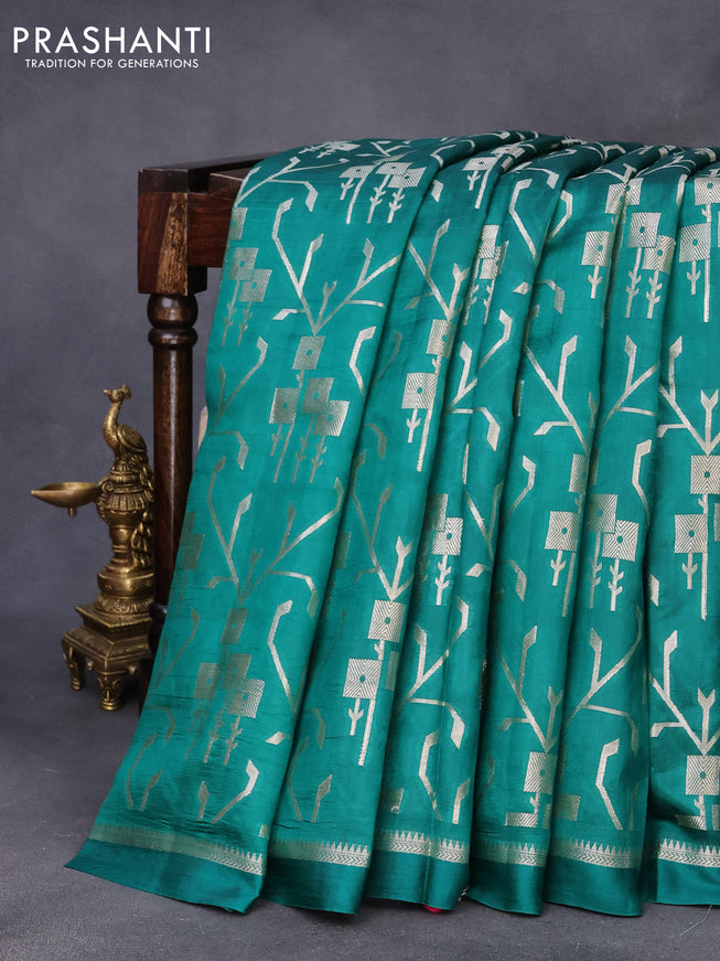 Chiniya silk saree green with allover silver zari weaves and zari woven simple border