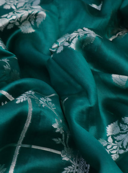 Chiniya silk saree teal green with allover silver zari checks & weaves and silver zari woven border