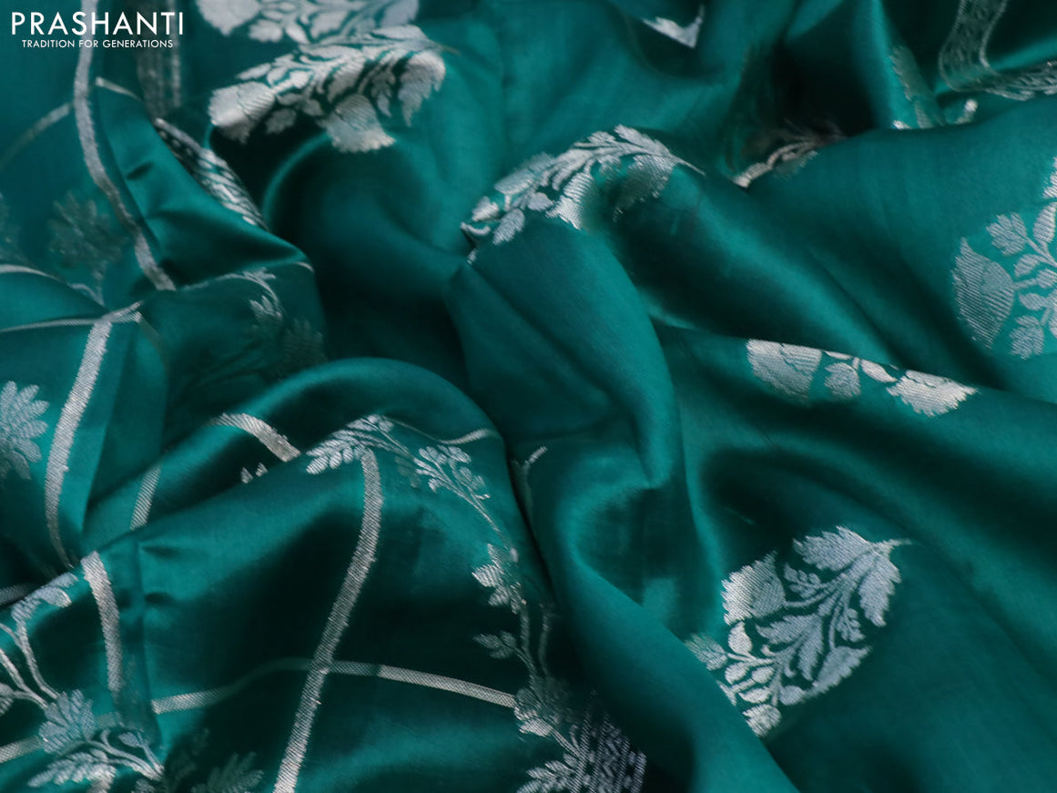 Chiniya silk saree teal green with allover silver zari checks & weaves and silver zari woven border