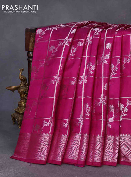 Chiniya silk saree pink with allover silver zari checks & weaves and silver zari woven border