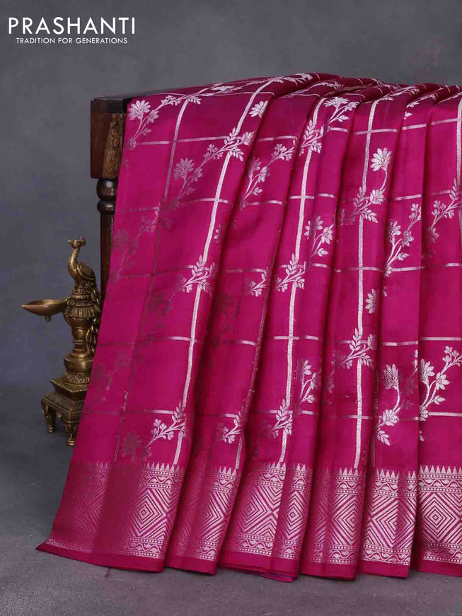 Chiniya silk saree pink with allover silver zari checks & weaves and silver zari woven border