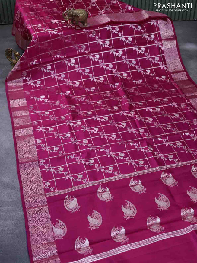 Chiniya silk saree pink with allover silver zari checks & weaves and silver zari woven border