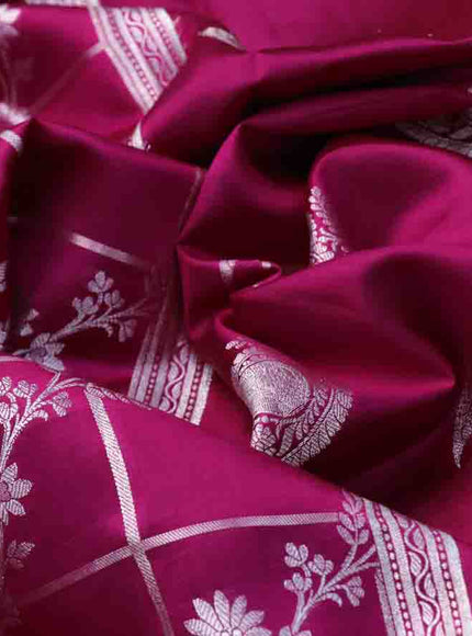 Chiniya silk saree pink with allover silver zari checks & weaves and silver zari woven border