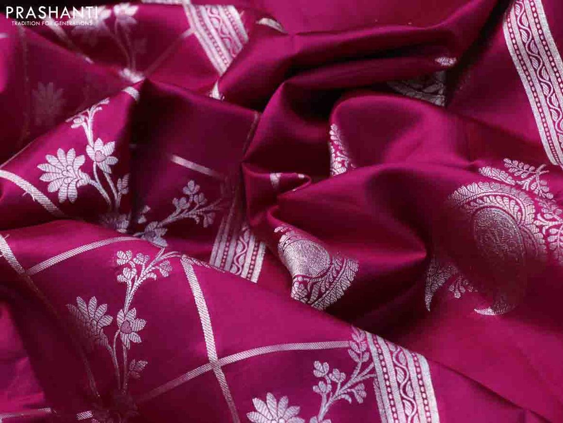 Chiniya silk saree pink with allover silver zari checks & weaves and silver zari woven border