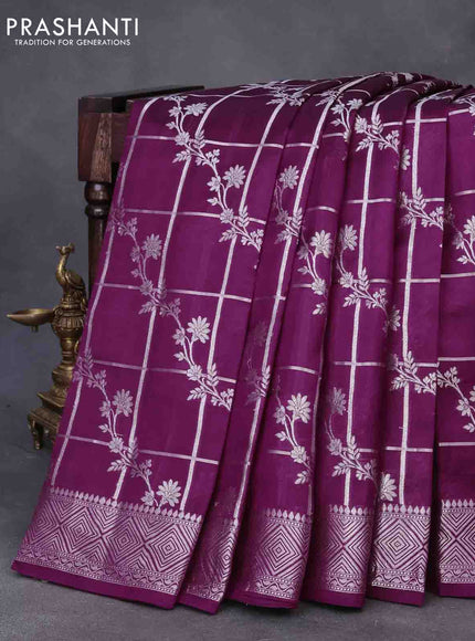 Chiniya silk saree deep purple with allover silver zari checks & weaves and silver zari woven border