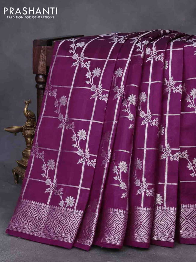 Chiniya silk saree deep purple with allover silver zari checks & weaves and silver zari woven border