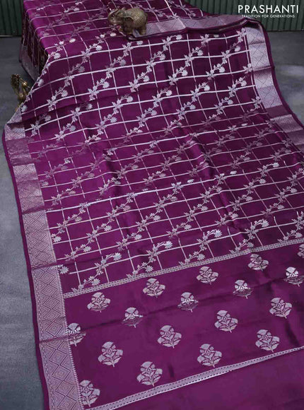 Chiniya silk saree deep purple with allover silver zari checks & weaves and silver zari woven border