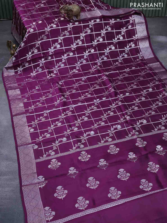 Chiniya silk saree deep purple with allover silver zari checks & weaves and silver zari woven border