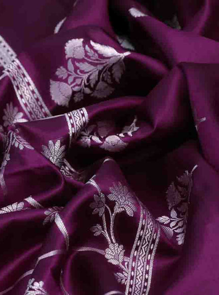 Chiniya silk saree deep purple with allover silver zari checks & weaves and silver zari woven border