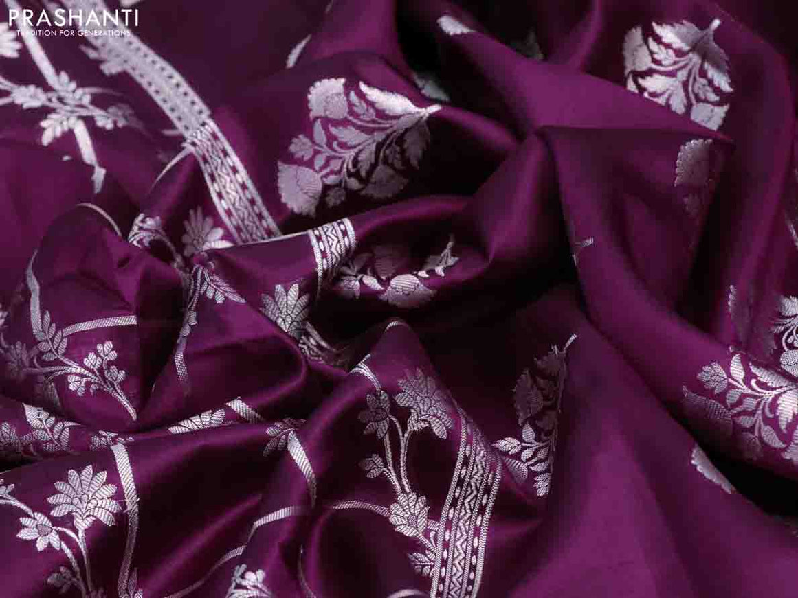 Chiniya silk saree deep purple with allover silver zari checks & weaves and silver zari woven border