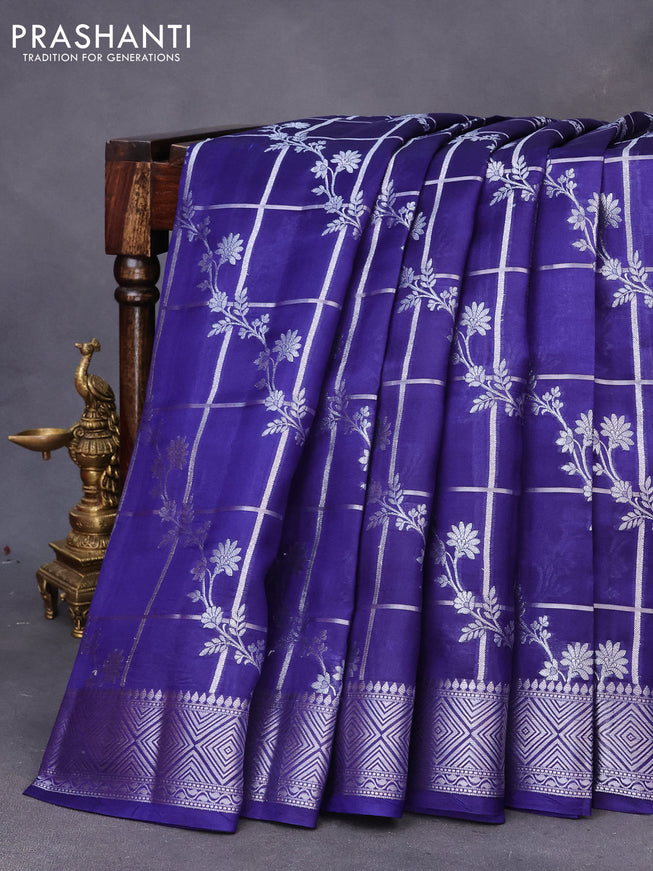 Chiniya silk saree blue with allover silver zari checks & weaves and silver zari woven border