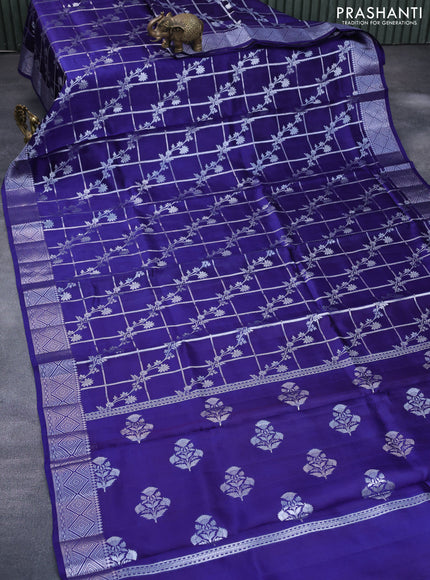 Chiniya silk saree blue with allover silver zari checks & weaves and silver zari woven border