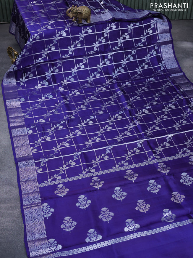 Chiniya silk saree blue with allover silver zari checks & weaves and silver zari woven border