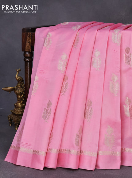 Chiniya silk saree light pink with silver zari woven floral buttas and zari woven simple border