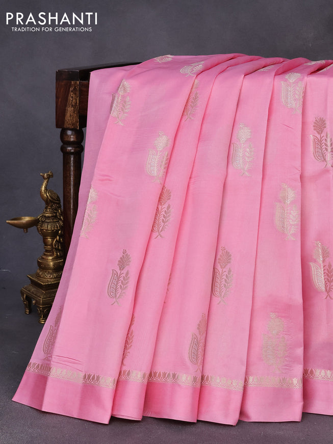 Chiniya silk saree light pink with silver zari woven floral buttas and zari woven simple border