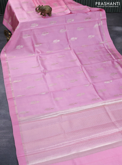 Chiniya silk saree light pink with silver zari woven floral buttas and zari woven simple border