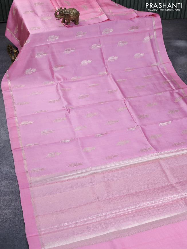 Chiniya silk saree light pink with silver zari woven floral buttas and zari woven simple border