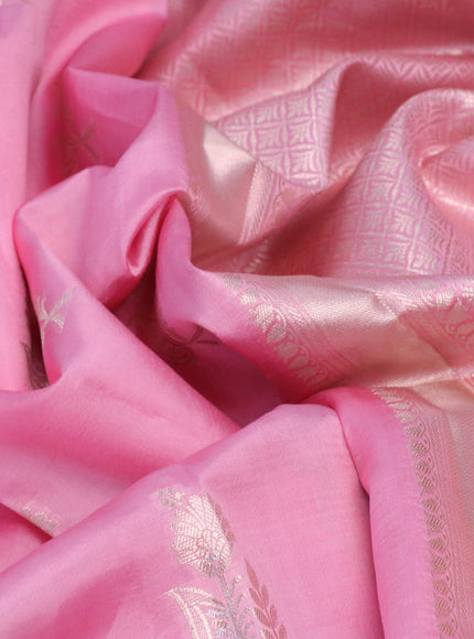 Chiniya silk saree light pink with silver zari woven floral buttas and zari woven simple border