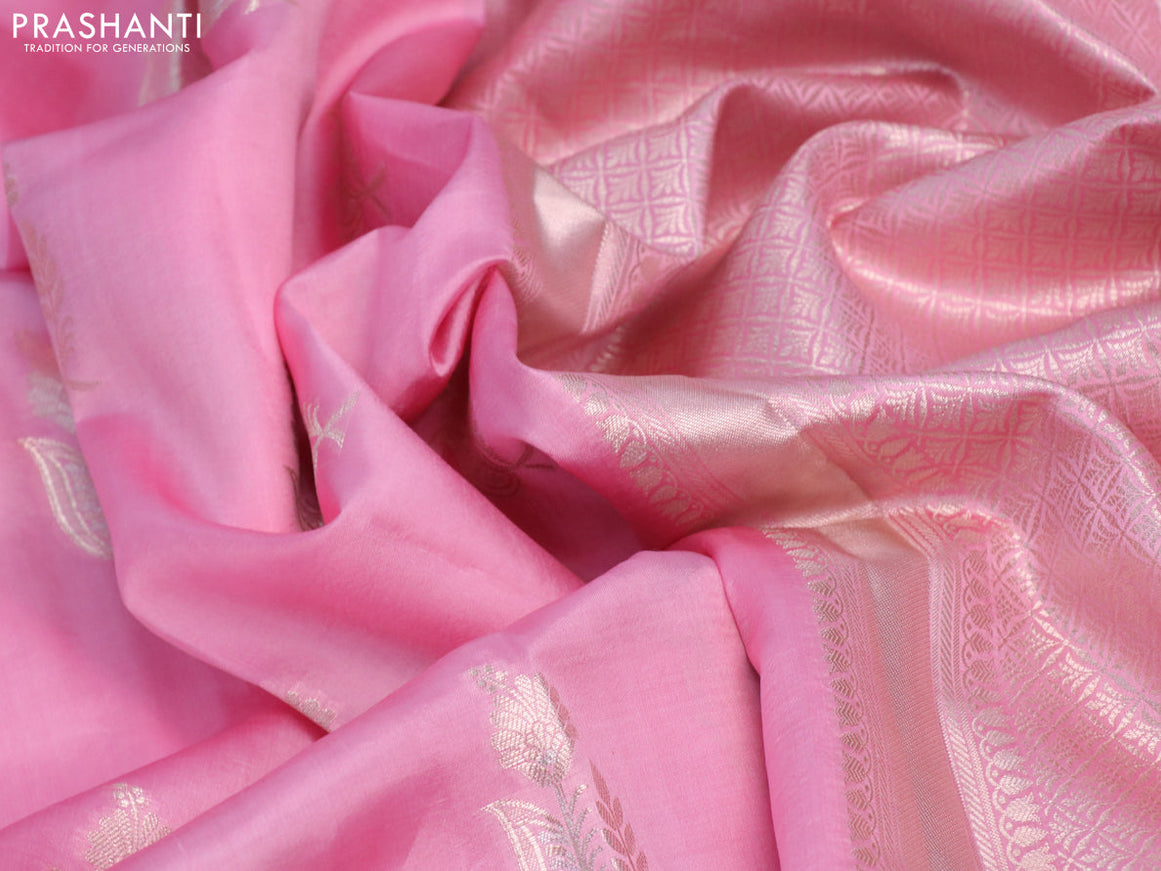 Chiniya silk saree light pink with silver zari woven floral buttas and zari woven simple border