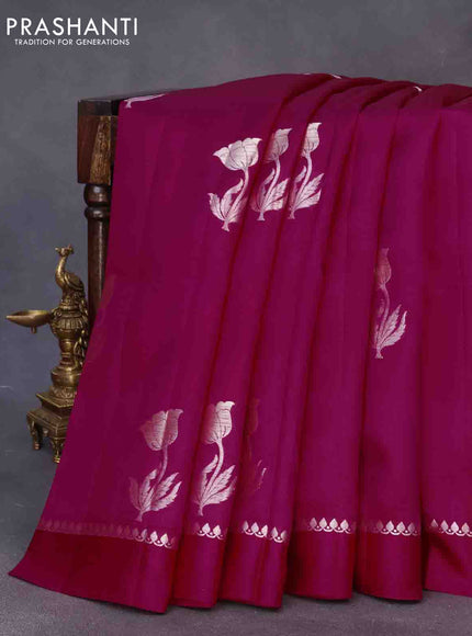 Chiniya silk saree pink with silver zari woven floral buttas and zari woven simple border