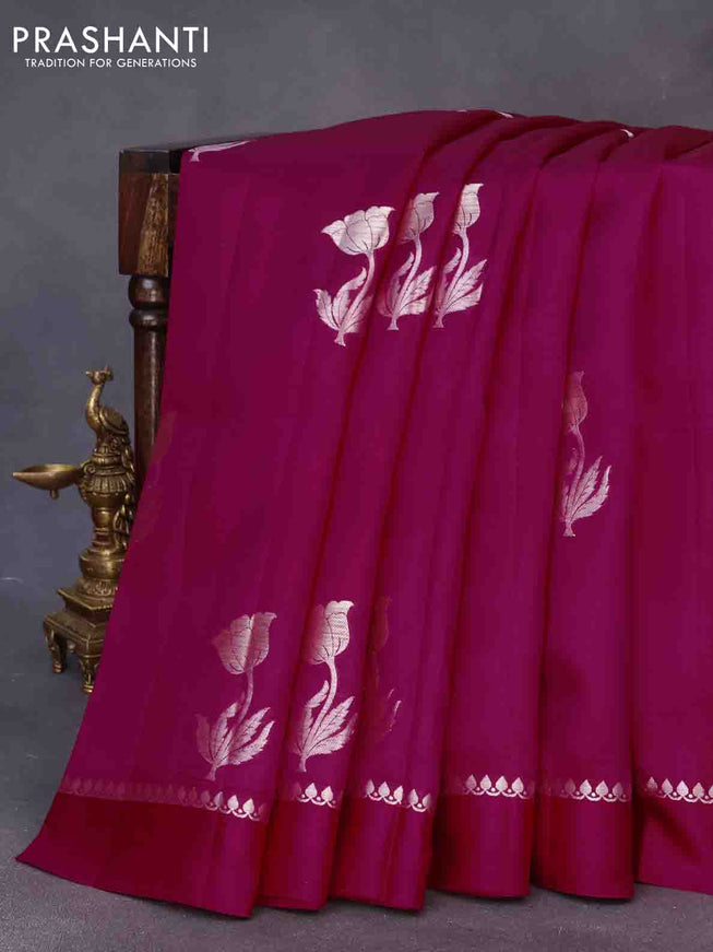 Chiniya silk saree pink with silver zari woven floral buttas and zari woven simple border