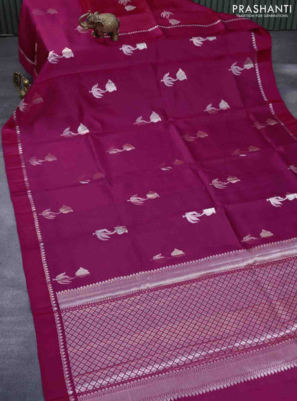 Chiniya silk saree pink with silver zari woven floral buttas and zari woven simple border