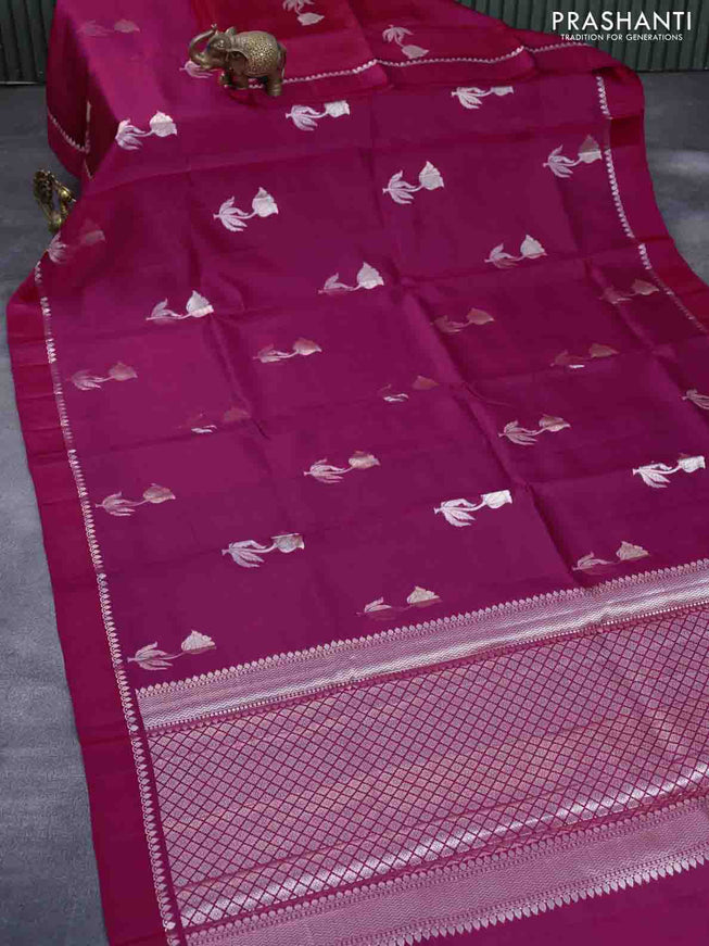 Chiniya silk saree pink with silver zari woven floral buttas and zari woven simple border