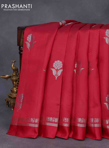 Chiniya silk saree red with silver zari woven floral buttas and zari woven simple border