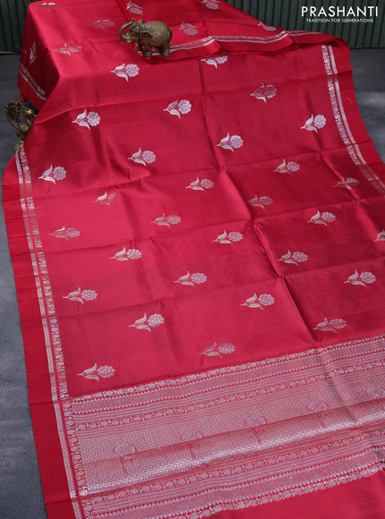 Chiniya silk saree red with silver zari woven floral buttas and zari woven simple border