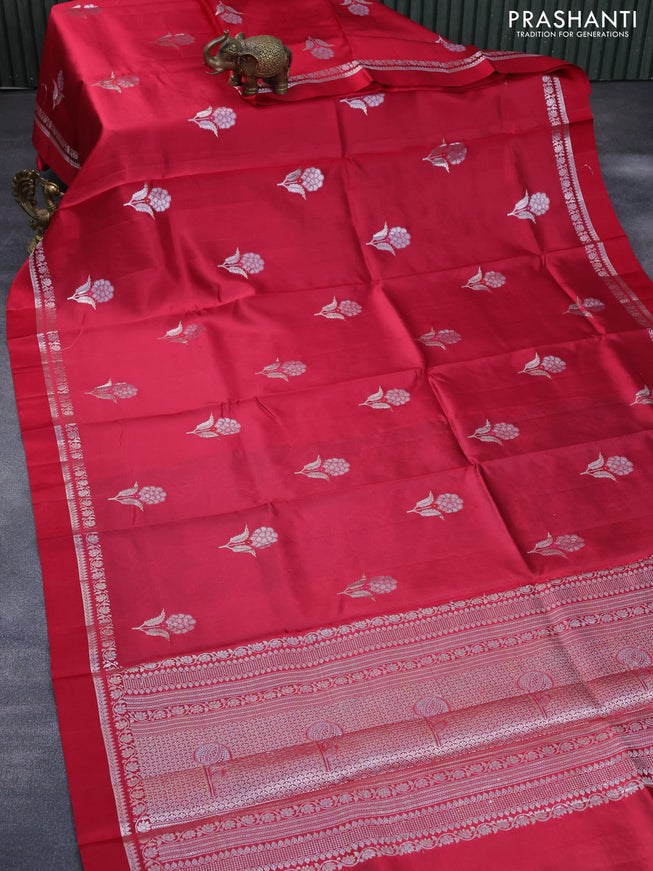 Chiniya silk saree red with silver zari woven floral buttas and zari woven simple border