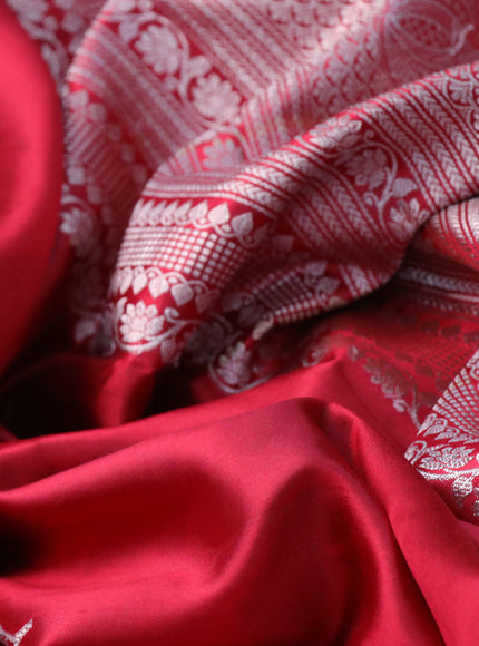 Chiniya silk saree red with silver zari woven floral buttas and zari woven simple border