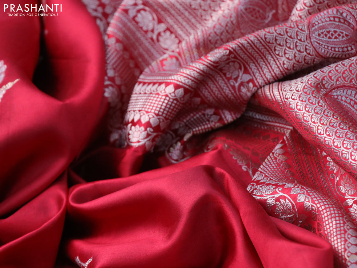 Chiniya silk saree red with silver zari woven floral buttas and zari woven simple border